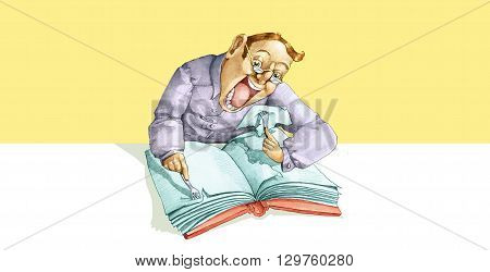 a man armed with two forks eat voraciously a book