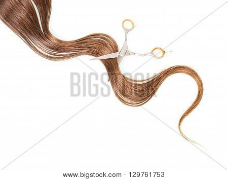 Lokon long brown hair and barber scissors isolated on white background.