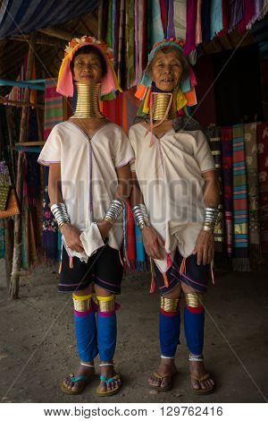 CHIANG MAI, TAILAND - APRIL 22, 2016: A portrait of a women from Kayan Lahwi tribe known for wearing neck rings, brass coils to extend the neck. Kayan, Red Karen (Karenni).