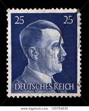 ZAGREB, CROATIA - JUNE 25: A stamp printed in Germany shows image of Adolf Hitler, series, 1941, on June 25, 2014, Zagreb, Croatia