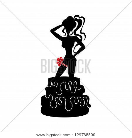 Cartoon of a woman popping out of a cake