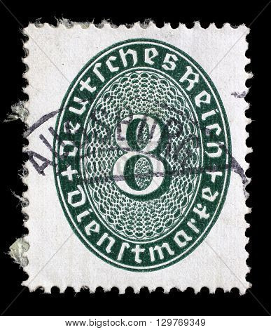 ZAGREB, CROATIA - JUNE 22: A postage stamp printed in Germany shows numeric value, circa 1927, on June 22, 2014, Zagreb, Croatia