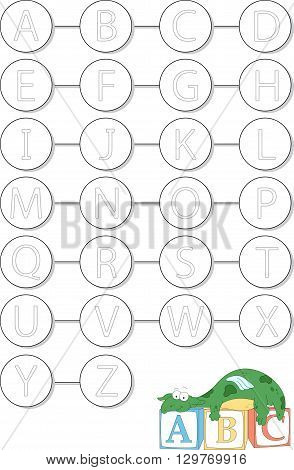 Funny Cartoon Dragon Lies On The Wooden Cubes With Letters. Alphabet Tracing Worksheet: Writing A-z