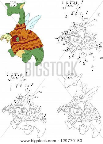 Cartoon Dragon Reads A Book. Coloring Book And Dot To Dot Game For Kids