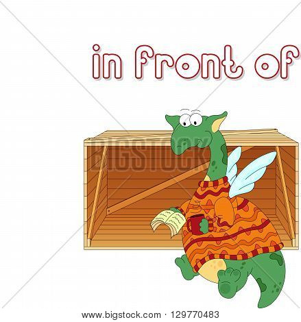 Cartoon Dragon Reads A Book In Front Of The Box. English Grammar In Pictures