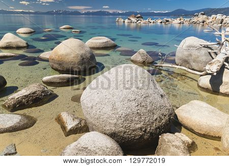 Beautiful boulders and crystal clear water of the lake Tahoe. Hidden Beach, Lake Tahoe - Nevada, USA