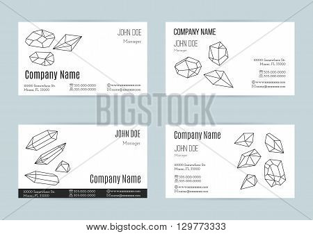 Collection of business cards with geometric outline shapes of crystals and minerals. Mono line style isolated on white background. Trendy hipster logotypes. Polygonal icons. Template design. Vector.