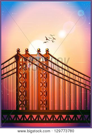 Stylized vector illustration of a large cable-stayed bridge in the sun