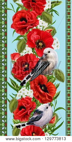 Vertical floral border. Pattern seamless. Flower garland of red poppies white flowers green leaves. Little White Bird.