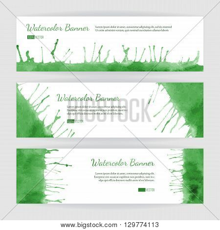 Set of hand painted watercolor horizontal banners headers. Colorful abstract green spring summer brush stocks and splashes on a white backgrounds. Modern graphic design template. Marketing concept