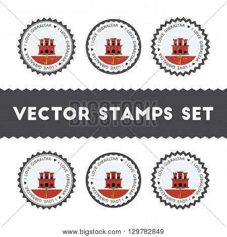 I Love Gibraltar Vector Stamps Set. Retro Patriotic Country Flag Badges. National Flags Vintage Roun