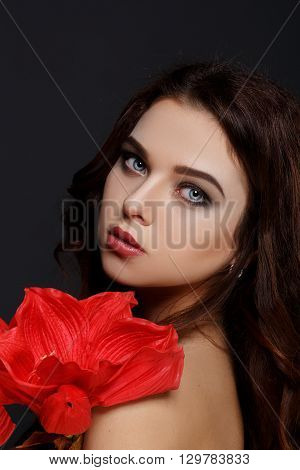 Sexy Beauty Girl with Red Lips. Make up. Luxury Woman with Long Curly Hair. Fashion Brunette Portrait isolated on a grey background. Gorgeous Woman Face.