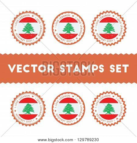I Love Lebanon Vector Stamps Set. Retro Patriotic Country Flag Badges. National Flags Vintage Round