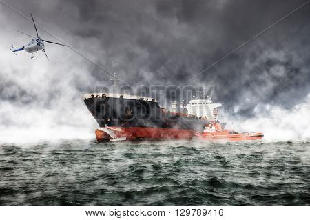 A helicopter rescue mission in difficult stormy weather.