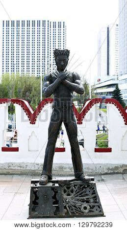 MOSCOW, RUSSIA - MAY 7, 2016: Monument to the hero Wolverine in Izmailovskiy Kremlin in Moscow on a sunny day