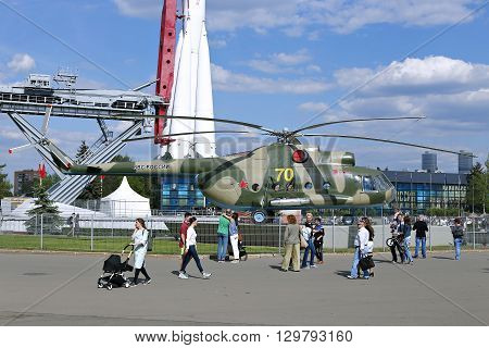 MOSCOW, RUSSIA - MAY 7, 2016: Battle military Russian helicopter MI-8 at the Russian Exhibition Center in Moscow