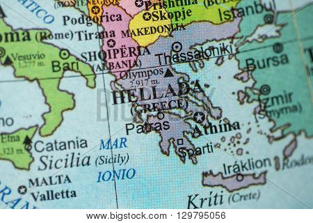 Map view of Greece on a geographical globe.