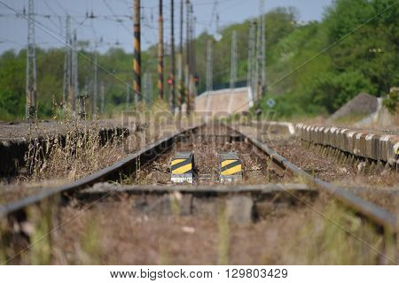 Detail of track in Libechov station in central Bohemia in spring time