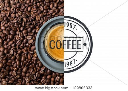 A top view of a half a image of delicious transparent glass cup of hot cappuccino standing on and surrounded by coffee beans where the other half of the image is a round illustration.