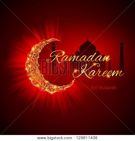Glowing Crescent Moon by Taj-Mahal in brilliant golden shades on dark red background. Greeting card of holy Muslim month Ramadan