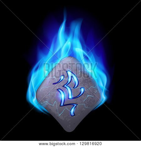 Secret bend stone with magic rune burning in blue flame