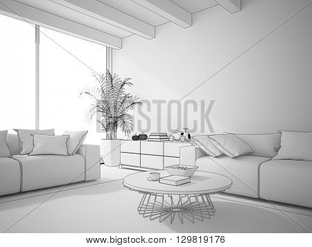 Interior of living room draw 3D rendering 
