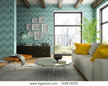 Interior of living room with blue wallpapers 3D rendering 