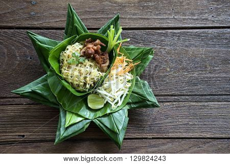 Pad Thai Thailand Food On Banana Leaf