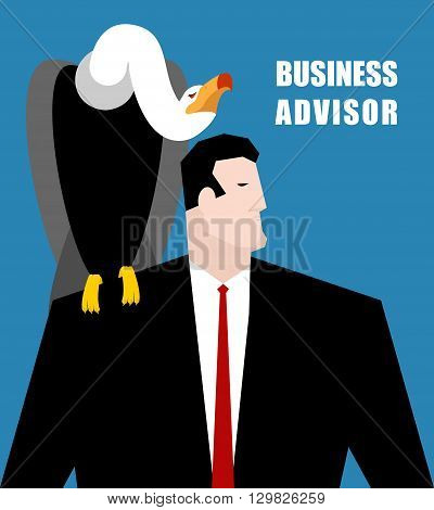 Business Advisor. Vulture Sits On Shoulder Of Businessman. Carrion Bird Suggests A Solution. Grief A