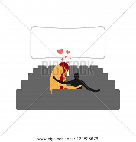 Hot Dog In Movie Theater. Man And Fast Food In Cinema. Places For Kisses On Last Row. Food Lovers Wa