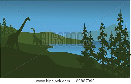 Silhouette of brachiosaurus in lake a beautiful scenery