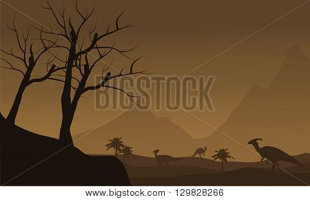 Silhouette of many dinosaur in fields with brown backgrounds