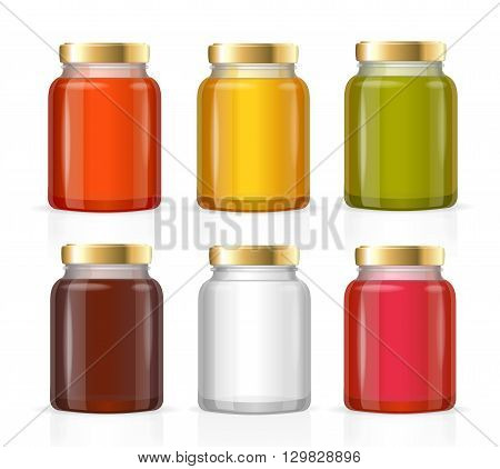 Glass Jars Bottles Empty Transparent Colorful Set. Vector illustration