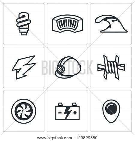 Electricity generation at the expense of water and hydropower work. Icons collection.