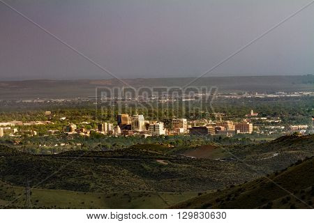 Boise Idaho during sunset when a storm is starting to roll in