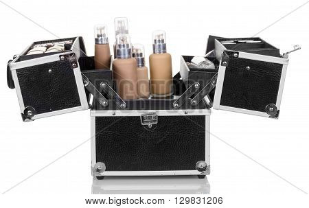 Open a professional bag with cosmetics isolated on white background.