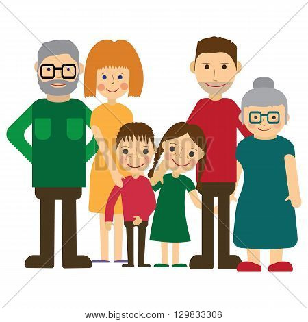 Happy family portrait. Father and mother, son and daughter, grandparents alltogether. Flat Vector illustration.
