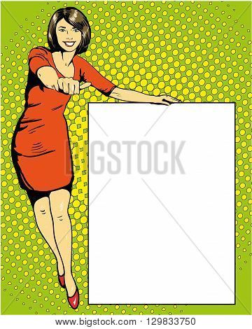 Woman stays next to blank white board. Pop art comics retro style vector illustration.