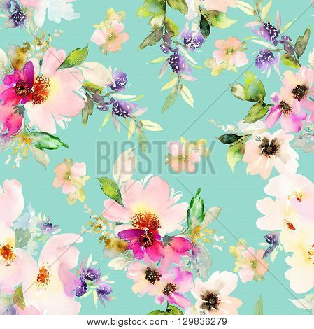 Seamless pattern with flowers watercolor. Gentle colors. Female pattern. Handmade.