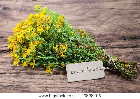Hypericum perforatum or St john's wort with a tag on wooden background