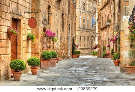 Colorful street in Pienza, Tuscany, Italy