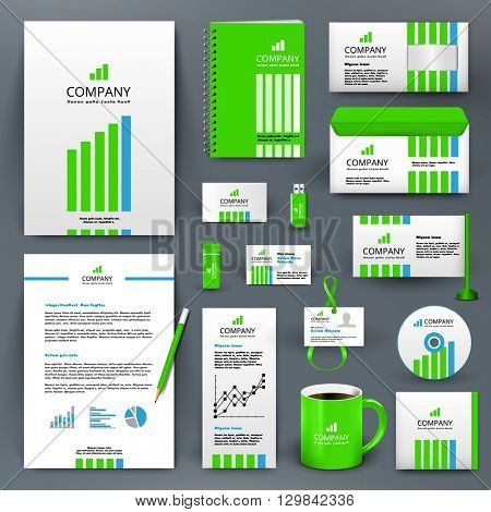 Professional universal branding design kit with green and blue lines. ?orporate identity template, business stationery mock-up. Green and blue colors. Editable vector illustration: folder, cup, etc.