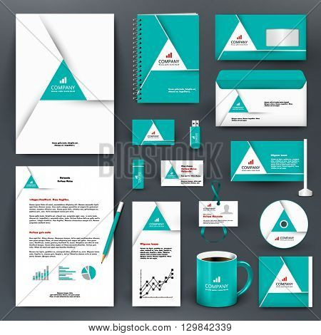 Professional universal branding design kit with triangle. ?orporate identity template, business stationery mock-up for real estate company. Editable vector illustration: folder, mug, etc.