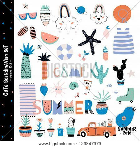 Cute Summer Design Scandinavian Set of Trandy Holiday Summer Elements. Vector. Isolated. White Background. Trandy Summer Concept.