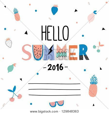 Cute Hello Summer Poster with Trandy Summer Elements. Summer Typographic. Scandinavian Style. Vector. White Background. Good for Greeting Cards, Gift Tags, Stickers, Placards and Labels Templates.