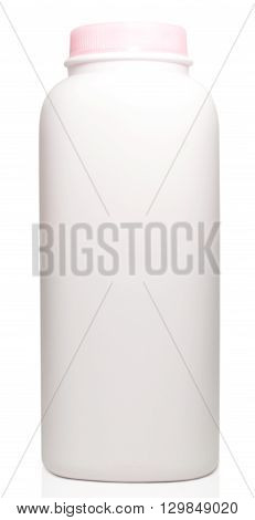 Plastic bottles of talcum powder on white background with clipping path