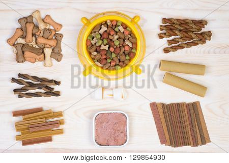 Dod food selection on white, wooden background, top view