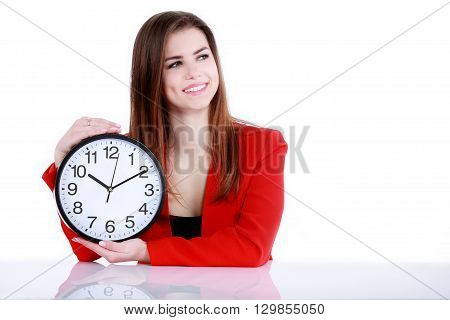 beautiful girl posing in a red jacket on a white background