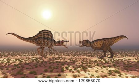 Computer generated 3D illustration with the dinosaurs Spinosaurus and Tyrannosaurus Rex attacking each other
