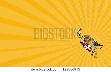 Business card showing illustration of a caped superhero leopard cat refrigeration and air conditioning mechanic holding a pressure temperature gauge and a wrench flying on isolated white background done in cartoon style.